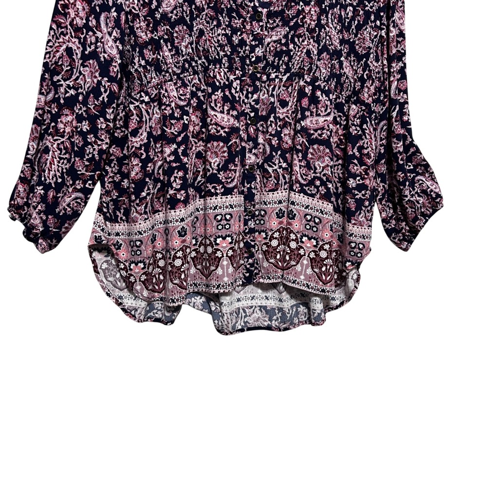 Knox Rose Women Babydoll Peasant Top XL Navy Pink Paisley Smocked Button Front - Picture 5 of 9